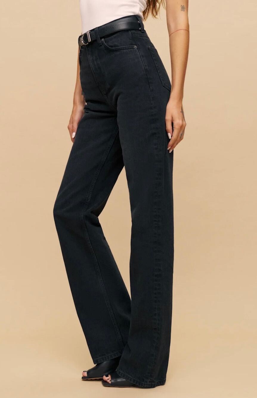 Reformation Jeans Wilder High Rise Wide Leg Black Zip Front